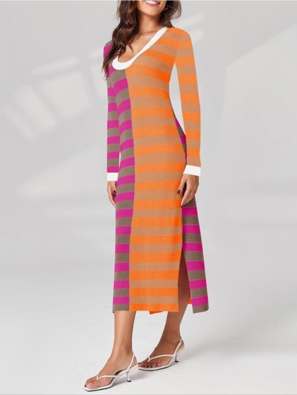 Wenrine Striped Maxi Sweater Dress in Pink & Orange - Picture 2 of 9